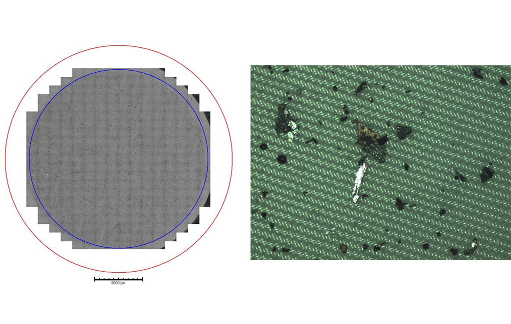 Ricostruzione al microscopio ottico del filtro di pulizia e dettaglio di particelle analizzate a microscopio